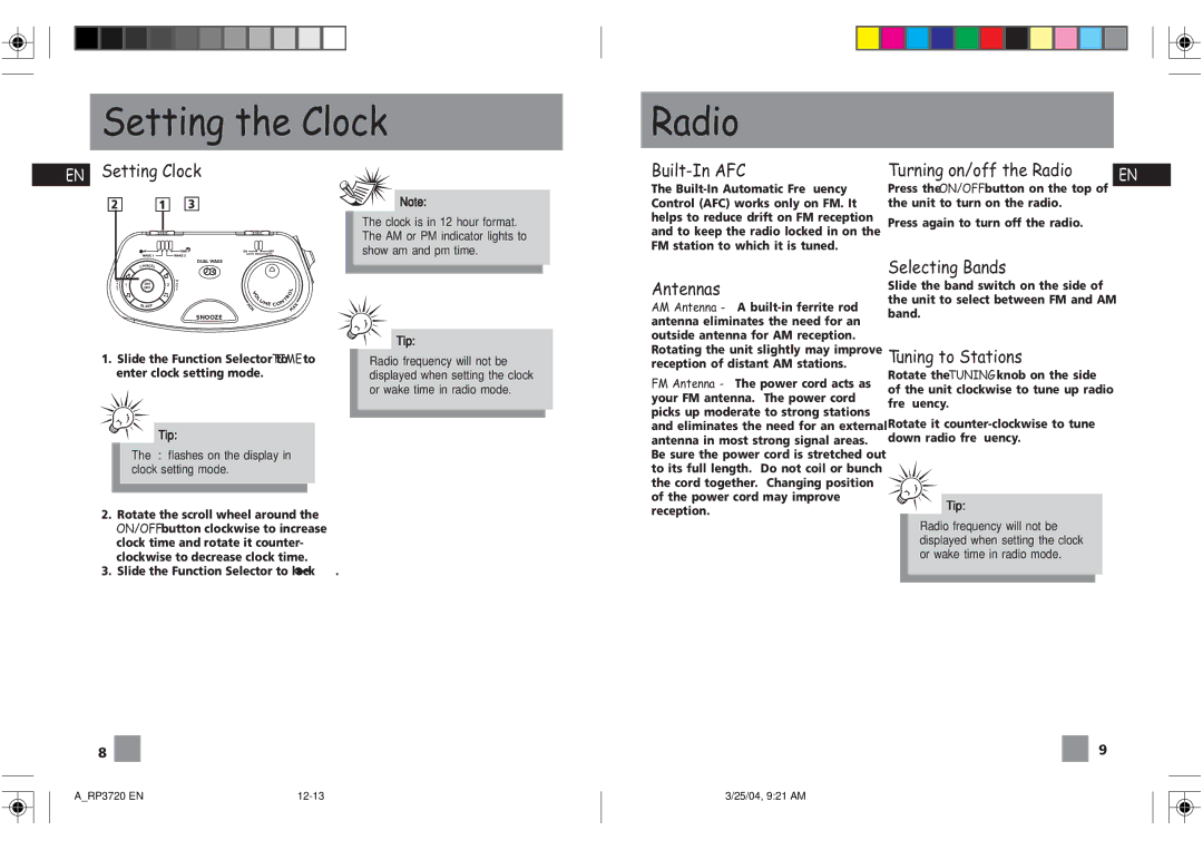 RCA RP3720 Setting the Clock Radio, Setting Clock Built-In AFC Turning on/off the Radio, Antennas, Selecting Bands 