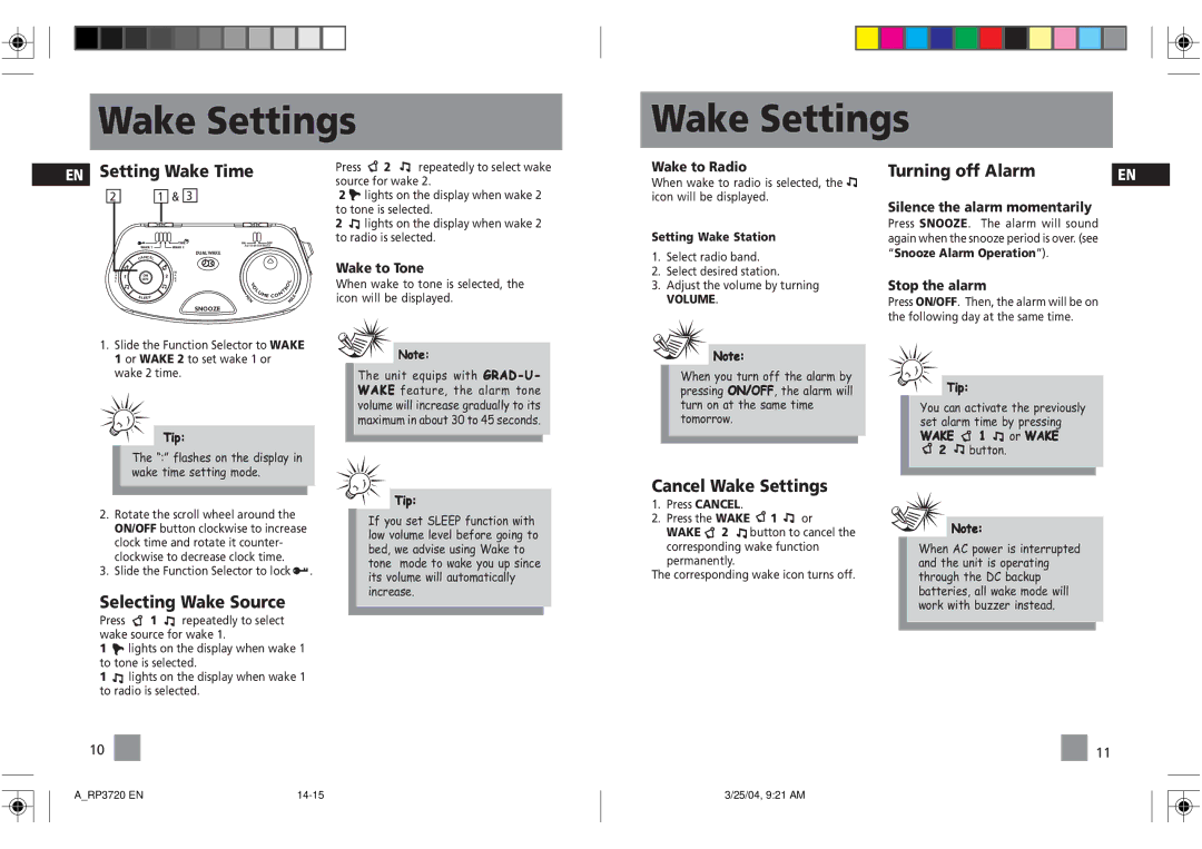 RCA RP3720 user manual Setting Wake Time, Turning off Alarm, Selecting Wake Source, Cancel Wake Settings 