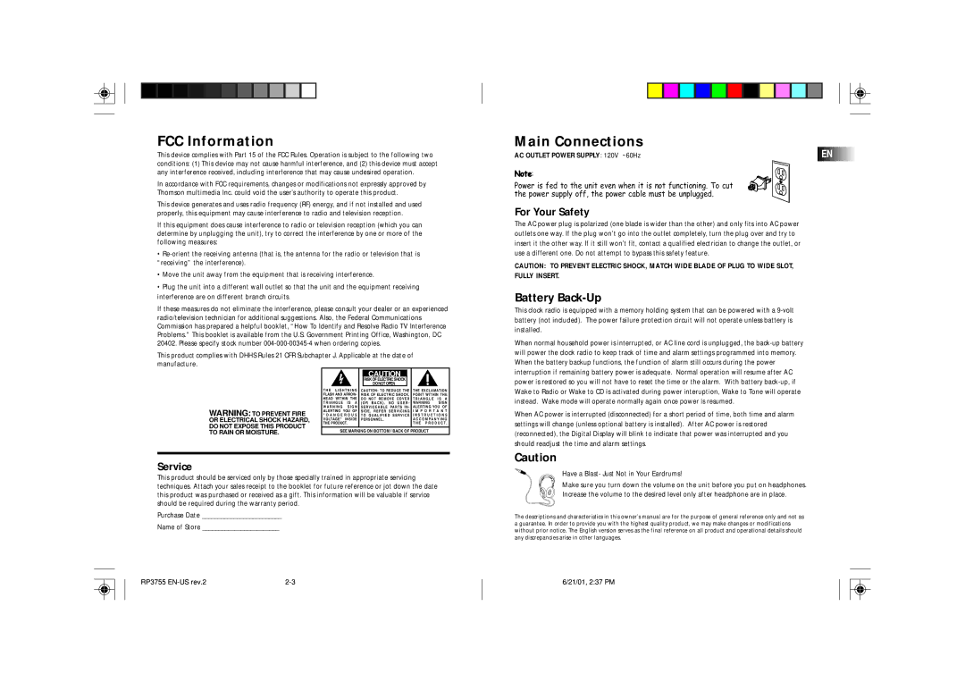 RCA RP3755 owner manual FCC Information, Main Connections, Battery Back-Up 