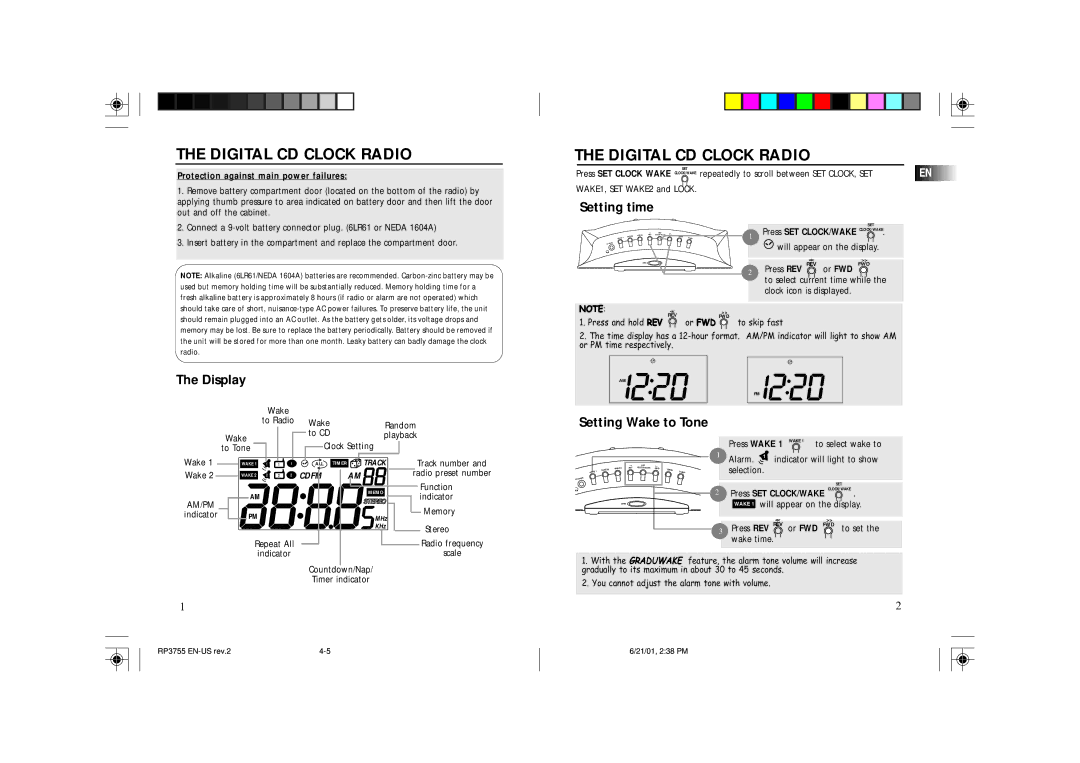 RCA RP3755 owner manual Digital CD Clock Radio, Setting time, Display, Setting Wake to Tone 