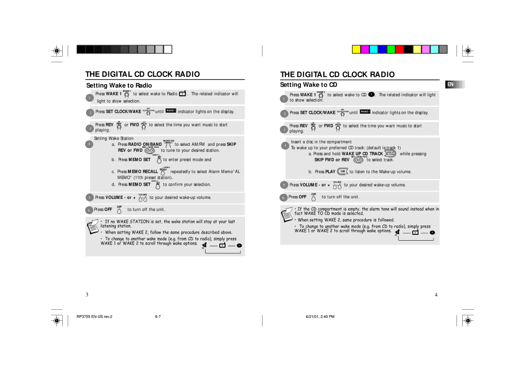 RCA RP3755 Setting Wake to Radio, Setting Wake to CD, To tune to your desired station, REV or FWD, Skip FWD or REV 