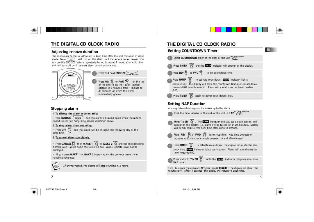 RCA RP3755 owner manual Adjusting snooze duration, Setting Countdown Timer, Stopping alarm, Setting NAP Duration 