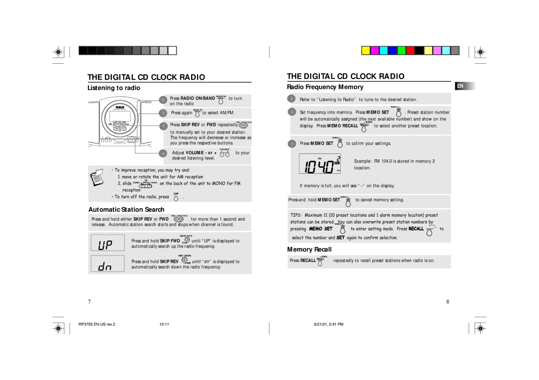 RCA RP3755 owner manual Listening to radio, Radio Frequency Memory, Automatic Station Search, Memory Recall 