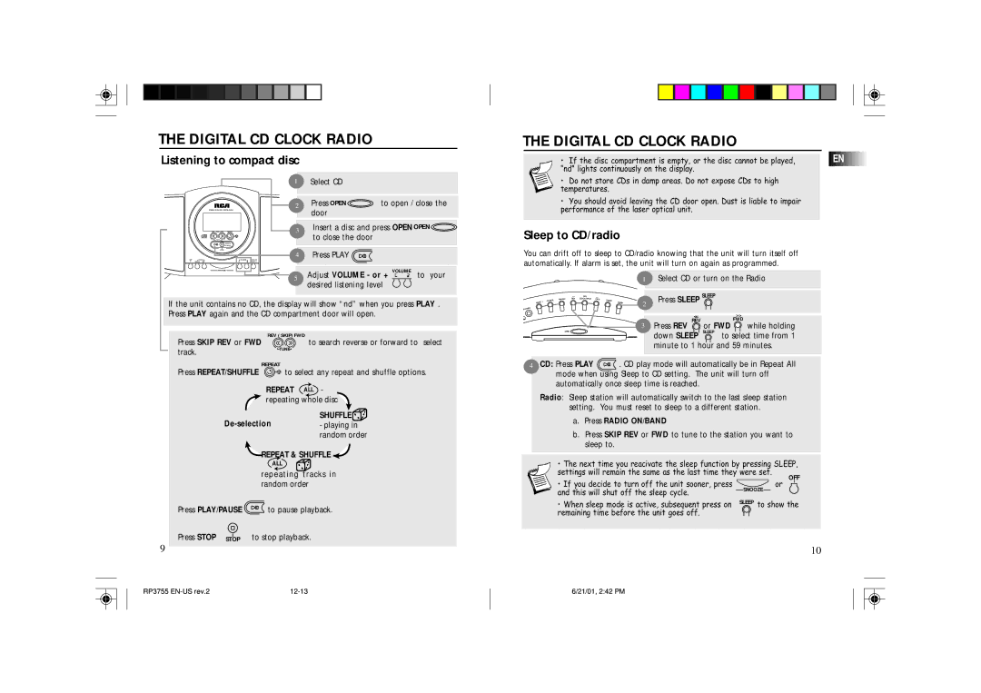 RCA RP3755 Listening to compact disc, Sleep to CD/radio, Press Skip REV or FWD, Press PLAY/PAUSE, Press Radio ON/BAND 