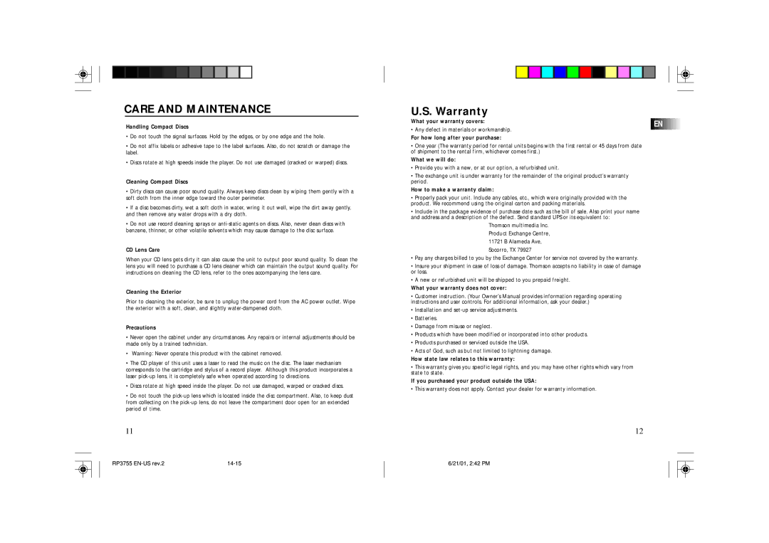 RCA RP3755 owner manual Care and Maintenance, Warranty 