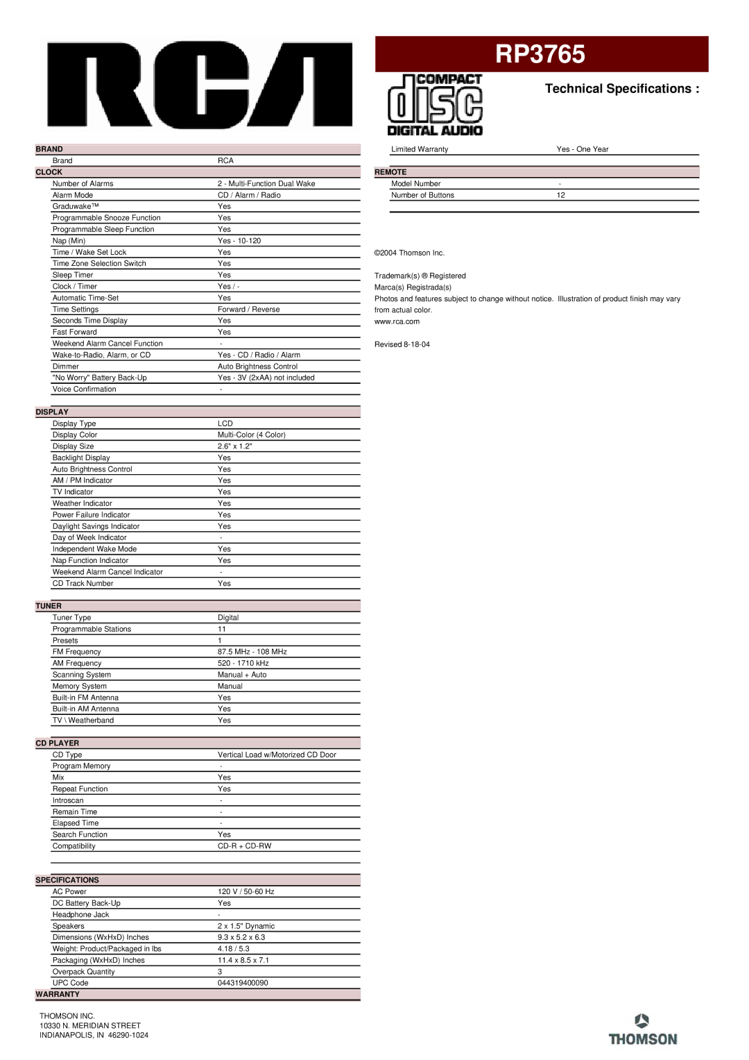 RCA RP3765 manual Technical Specifications 