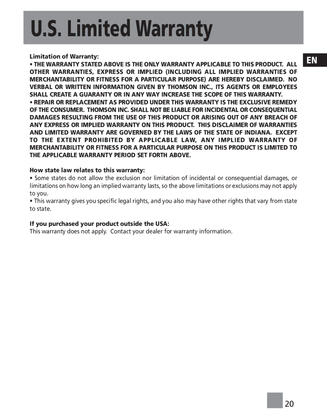 RCA RP3765 Limitation of Warranty, How state law relates to this warranty, If you purchased your product outside the USA 