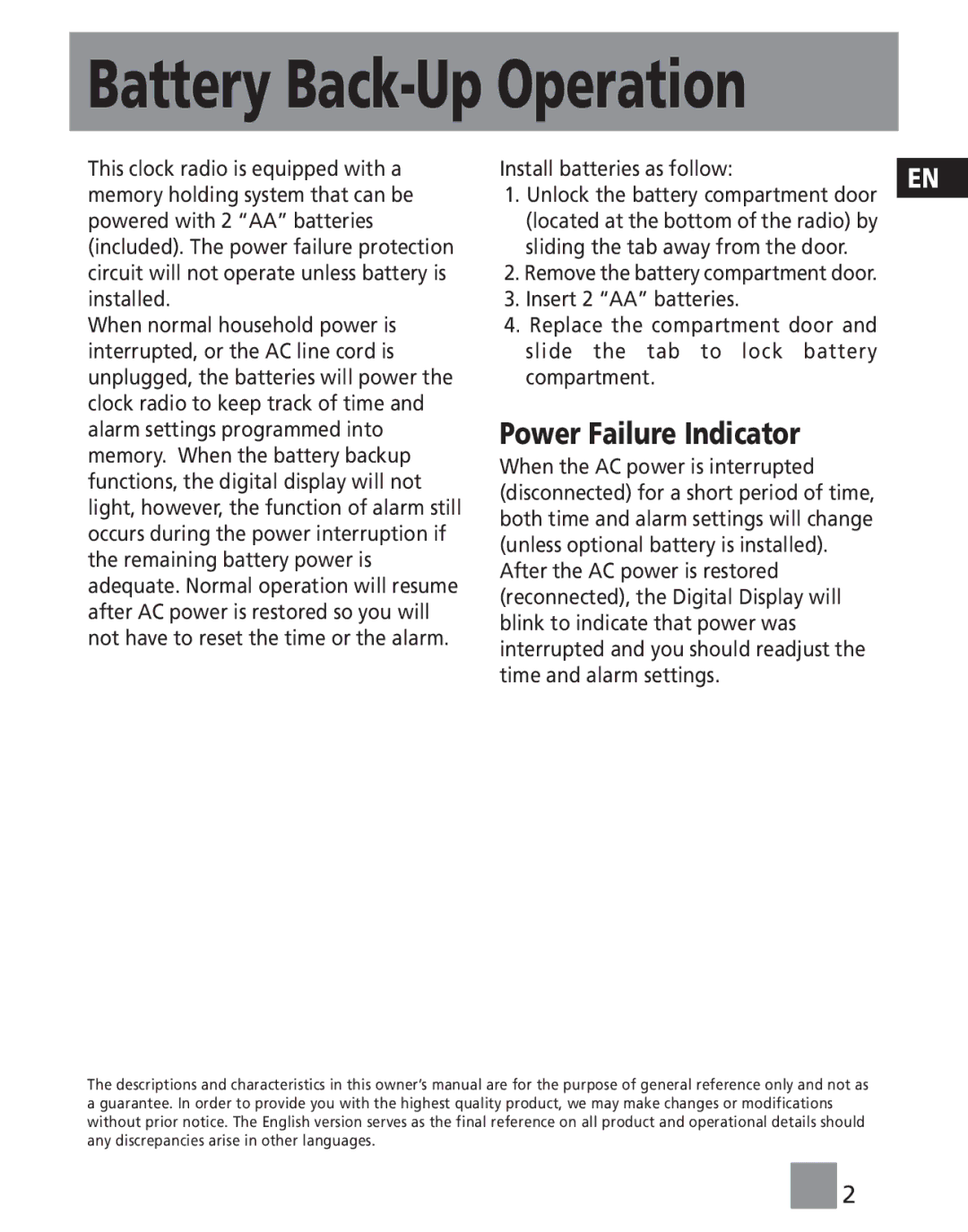 RCA RP3765 manual Battery Back-Up Operation, Power Failure Indicator 