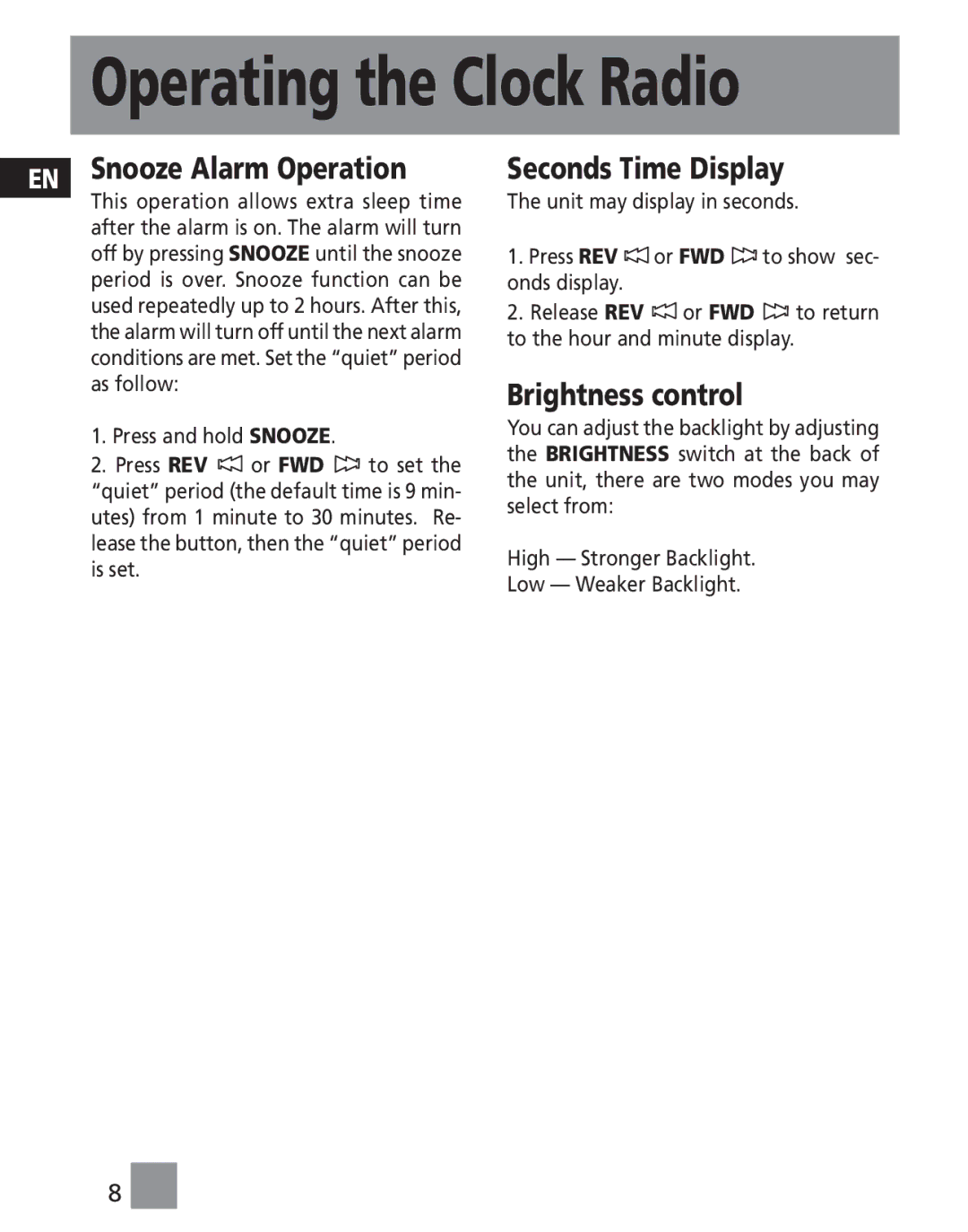 RCA RP4801 manual Snooze Alarm Operation, Seconds Time Display, Brightness control 