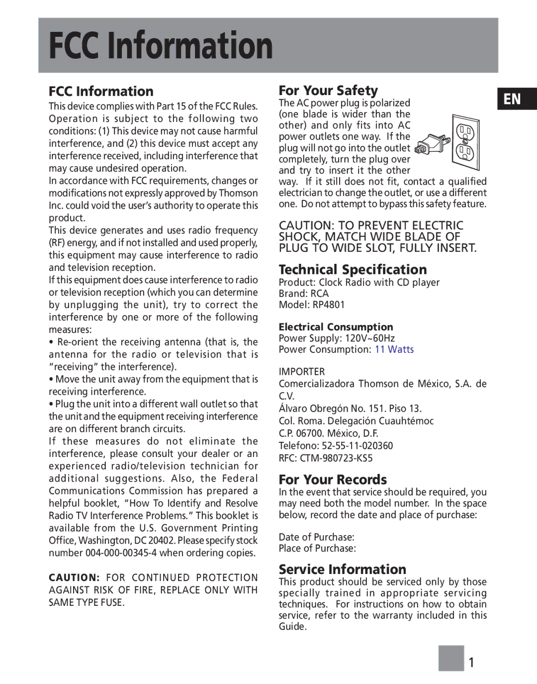 RCA RP4801 manual FCC Information 