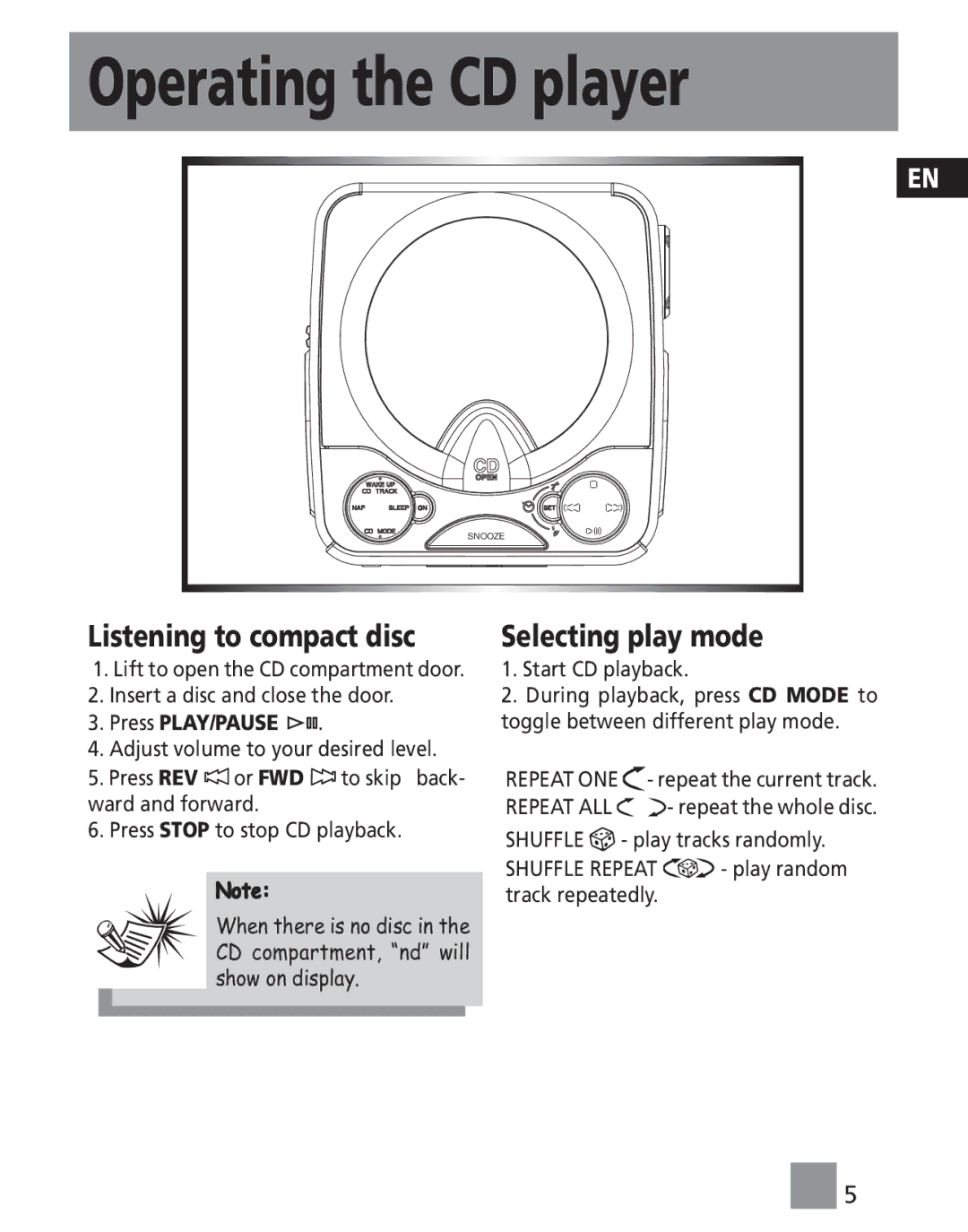 RCA RP4801 manual Operating the CD player, Listening to compact disc, Selecting play mode 