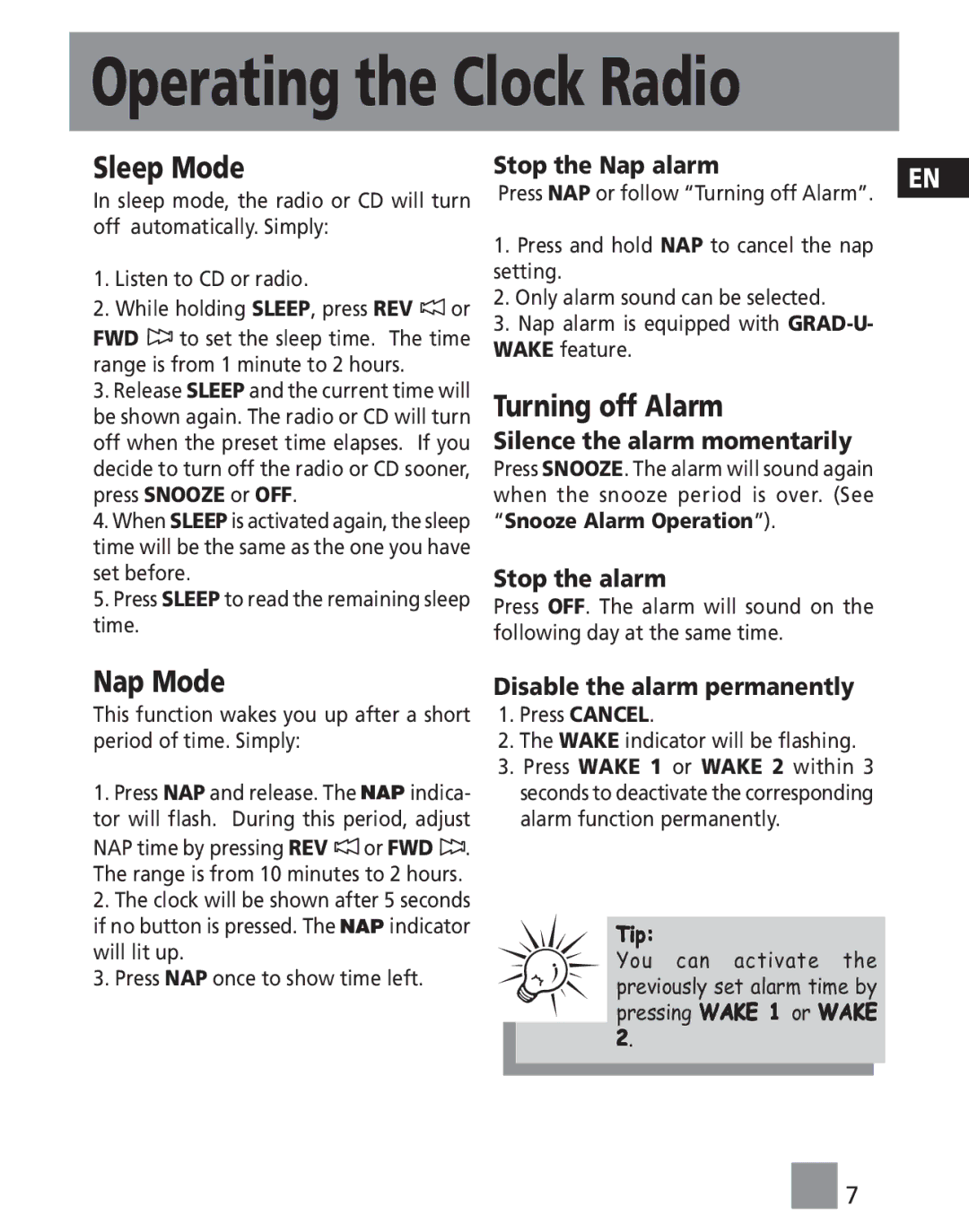 RCA RP4801 manual Operating the Clock Radio, Sleep Mode, Turning off Alarm, Nap Mode 