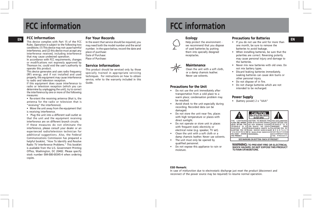 RCA RP5020, RP5025 user manual FCC information, FCC Information 