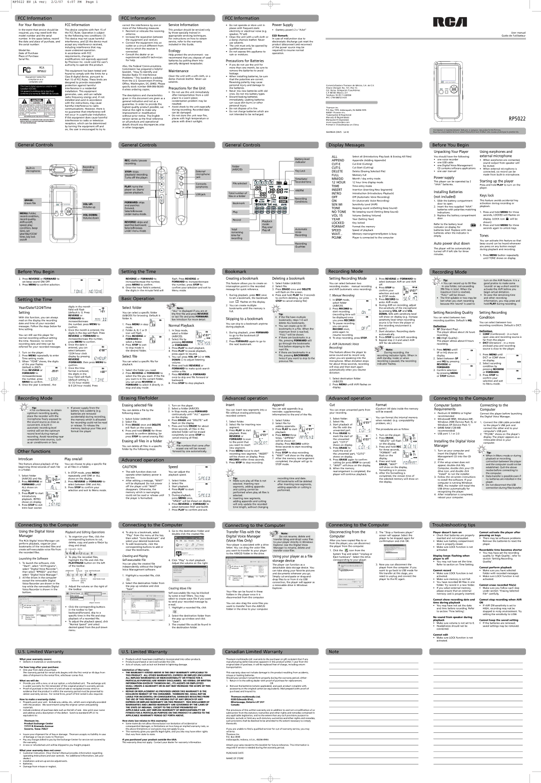 RCA RP5022 warranty FCC Information, General Controls, Display Messages, Before You Begin, Other functions 