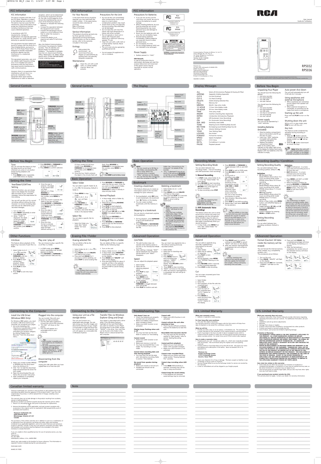 RCA RP5032 warranty FCC Information, For Your Records, Service Information, Ecology, Maintenance, Precautions for the Unit 