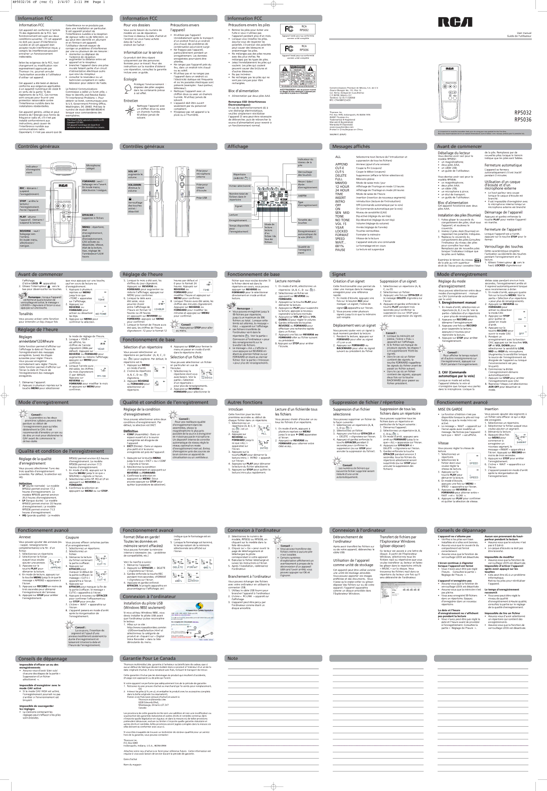 RCA RP5032 Information FCC, Pour vos dossiers, Information sur le service, Écologie, Précautions envers l’appareil, Annexe 