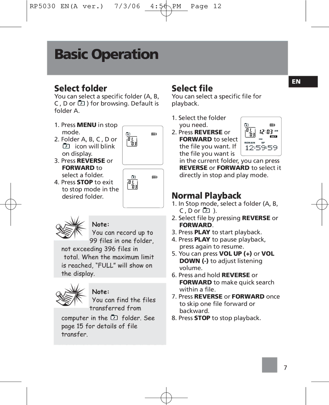 RCA RP5030, RP5035 user manual Basic Operation, Select folder, Select file, Normal Playback, Forward 