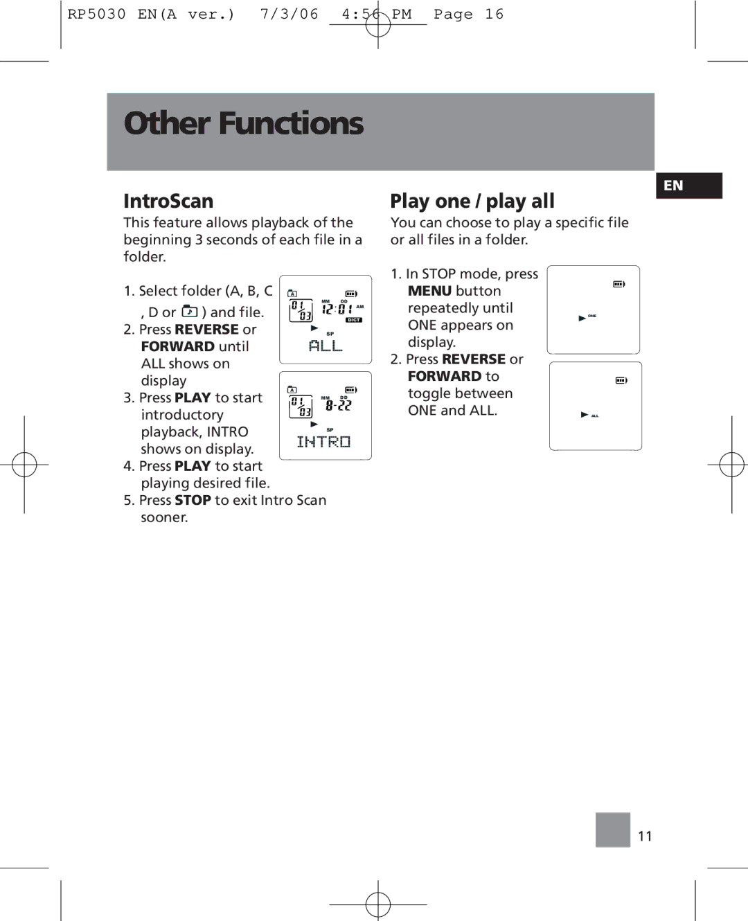 RCA RP5030, RP5035 user manual Other Functions, IntroScan, Play one / play all, Forward until 