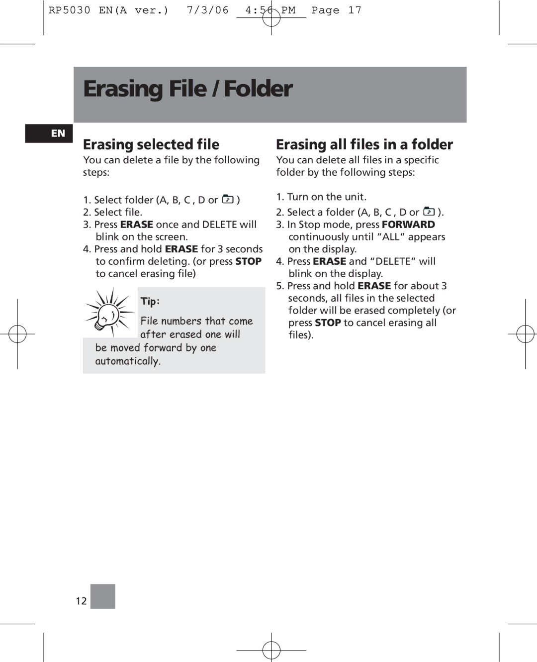 RCA RP5035, RP5030 user manual Erasing File / Folder, Erasing selected file, Erasing all files in a folder 