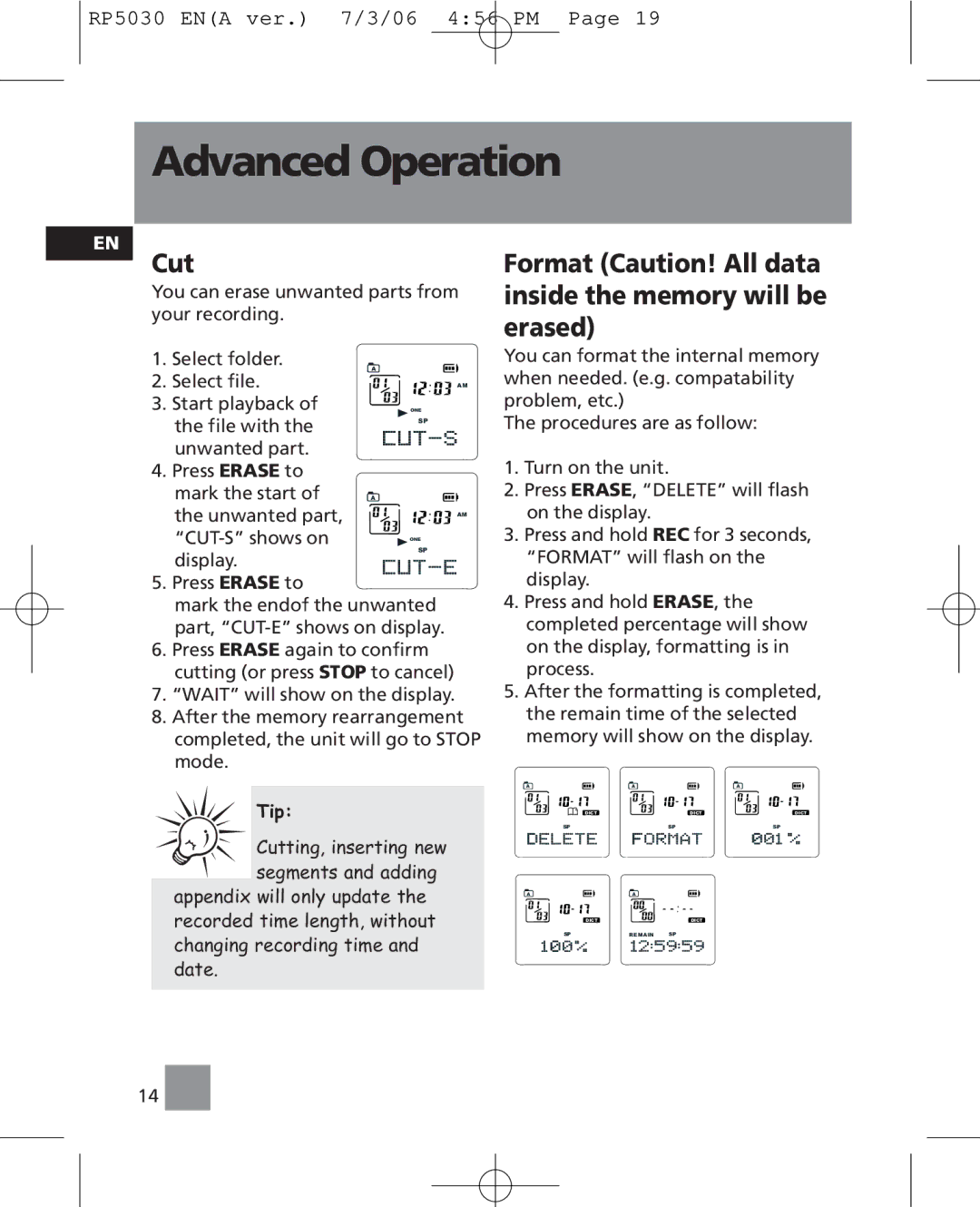 RCA RP5035, RP5030 user manual Cut, Format Caution! All data inside the memory will be erased 