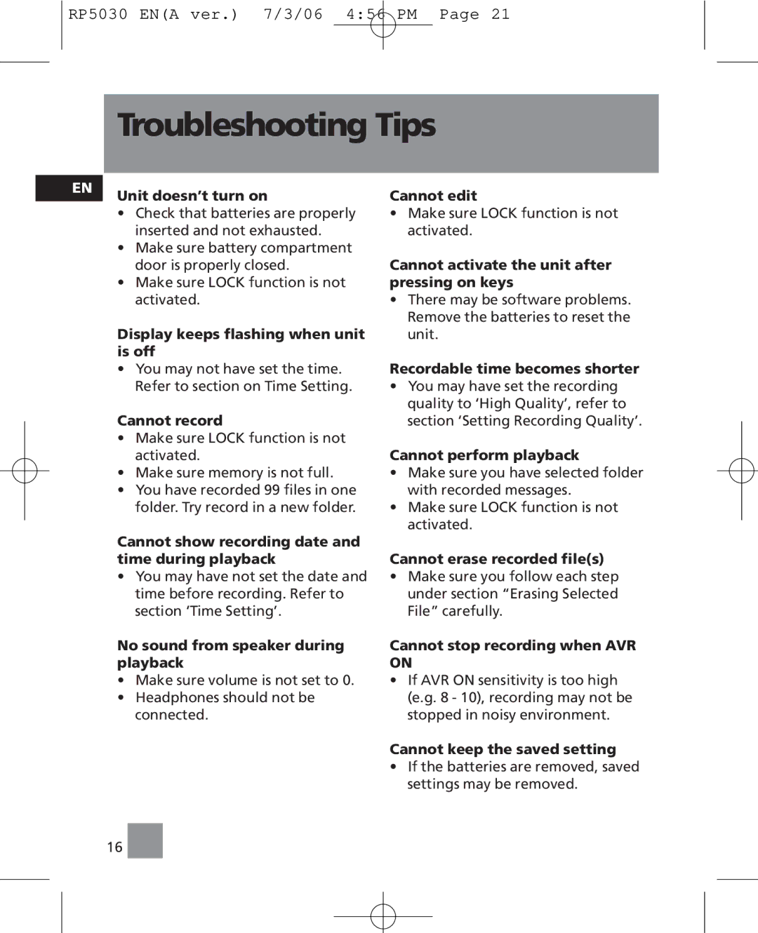 RCA RP5035, RP5030 user manual Troubleshooting Tips 