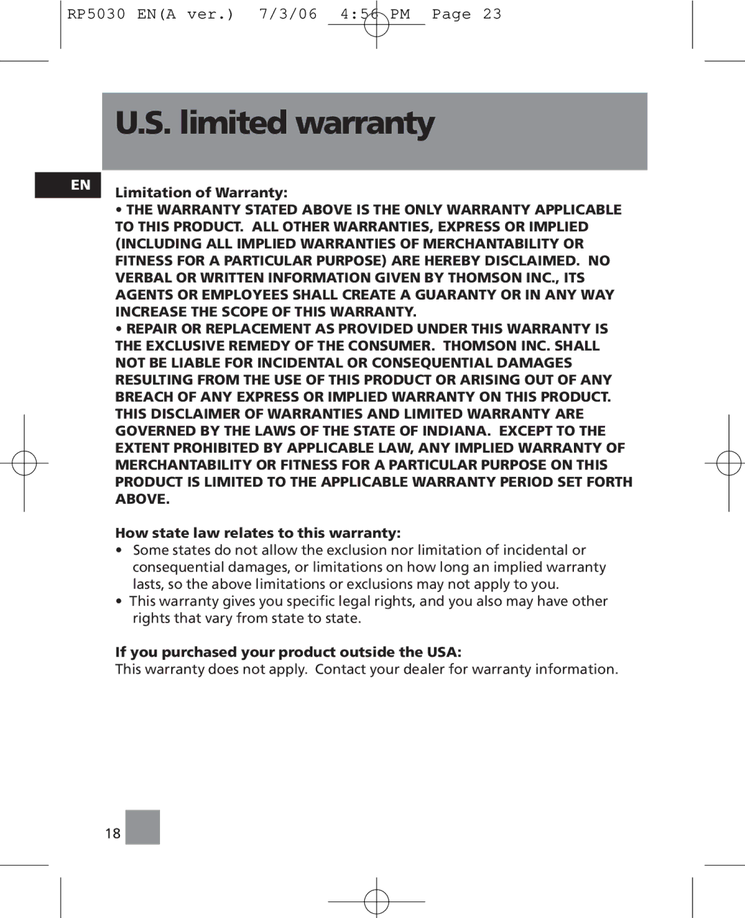 RCA RP5035 Warranty Stated Above is the only Warranty Applicable, Including ALL Implied Warranties of Merchantability or 