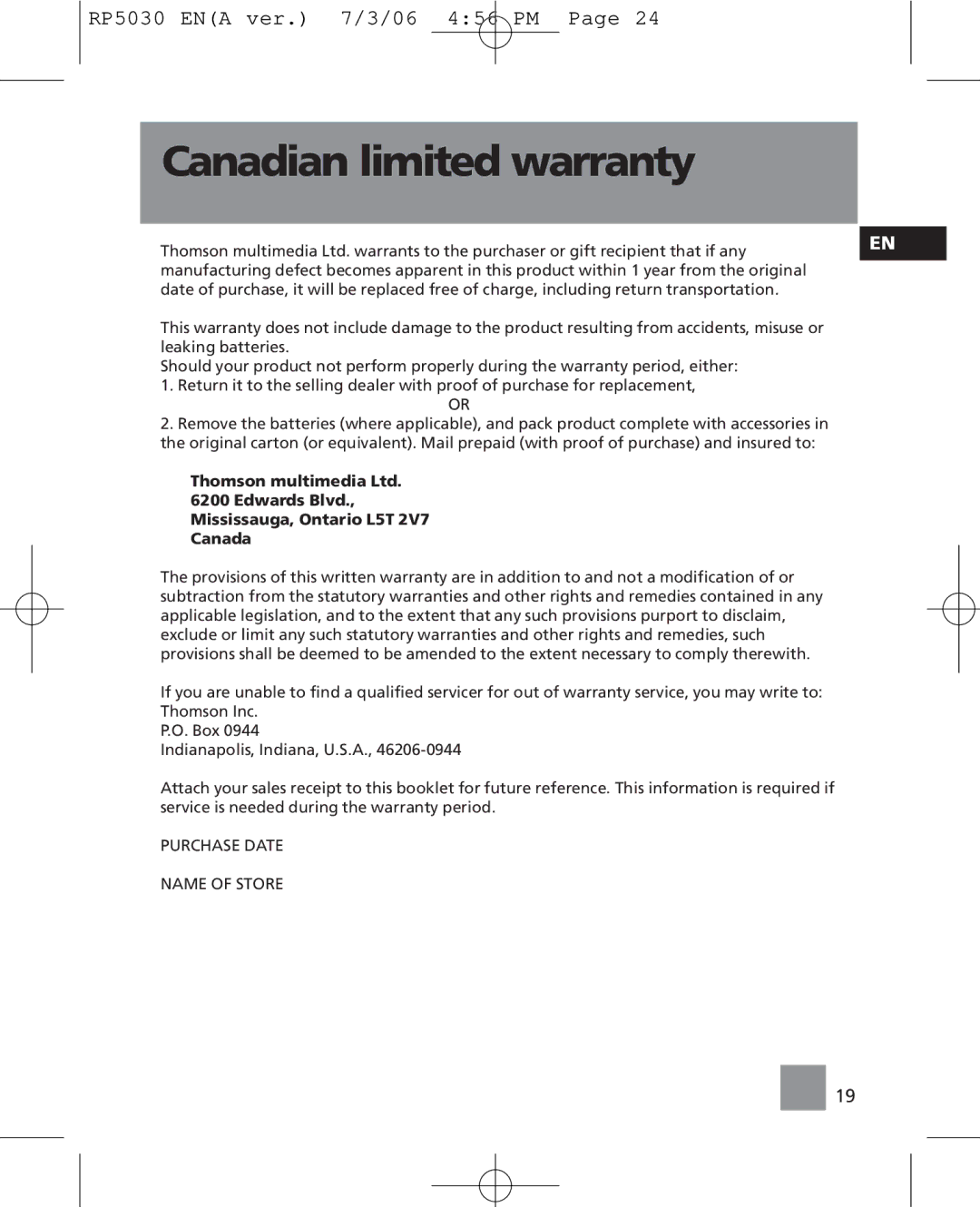 RCA RP5030, RP5035 user manual Canadian limited warranty 