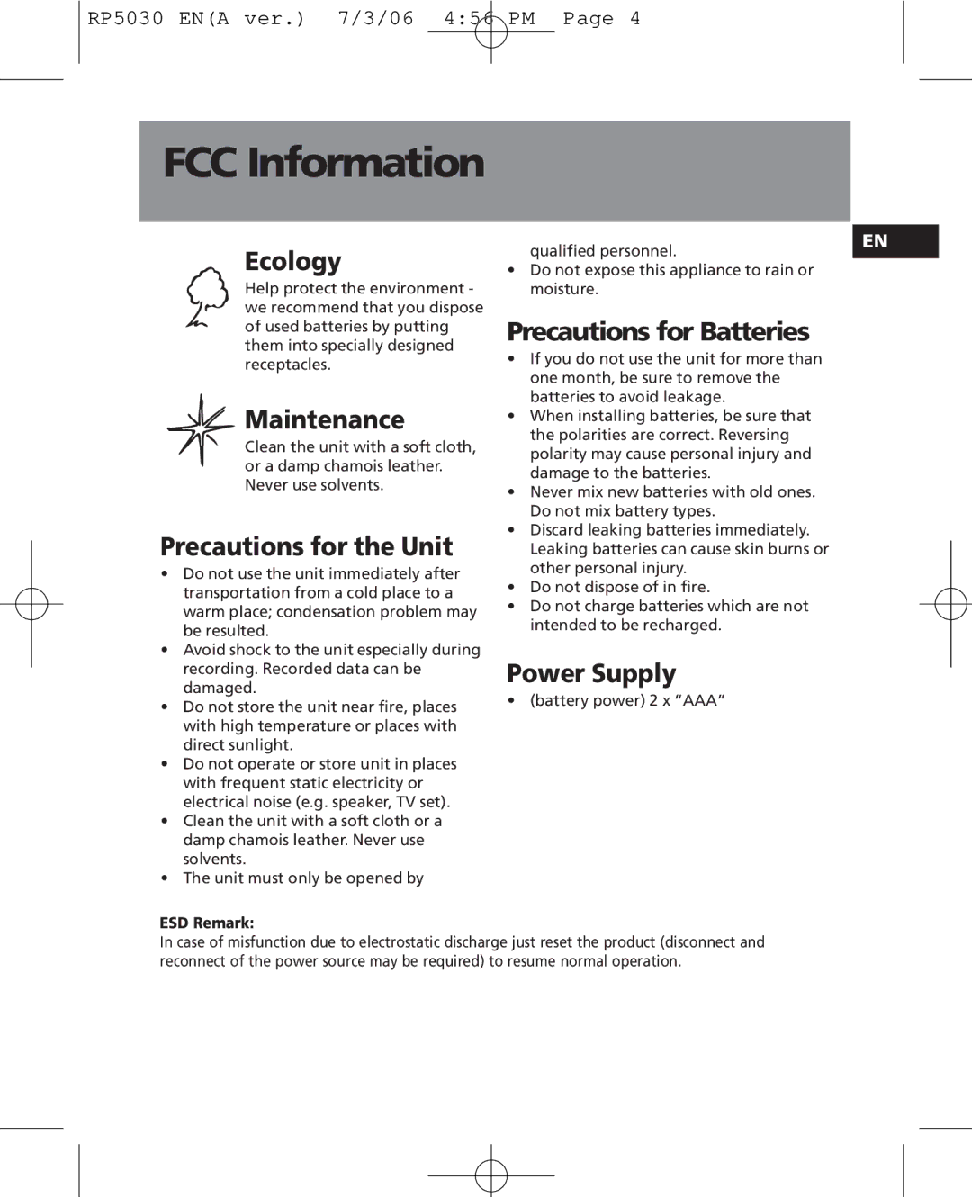 RCA RP5030, RP5035 user manual Ecology, Maintenance, Precautions for the Unit, Precautions for Batteries, Power Supply 