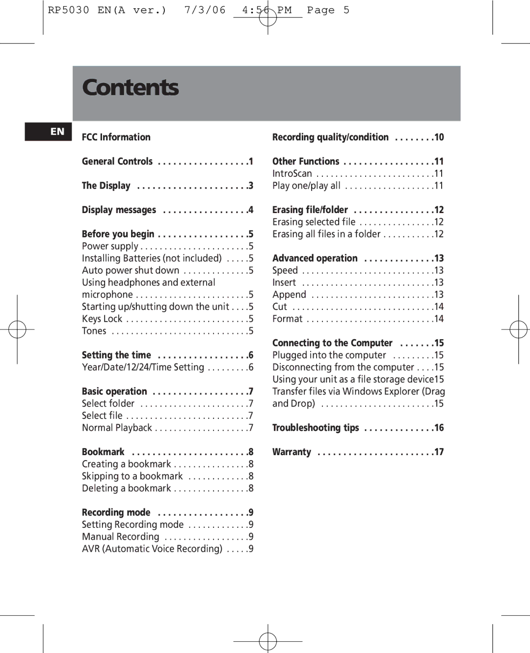 RCA RP5035, RP5030 user manual Contents 