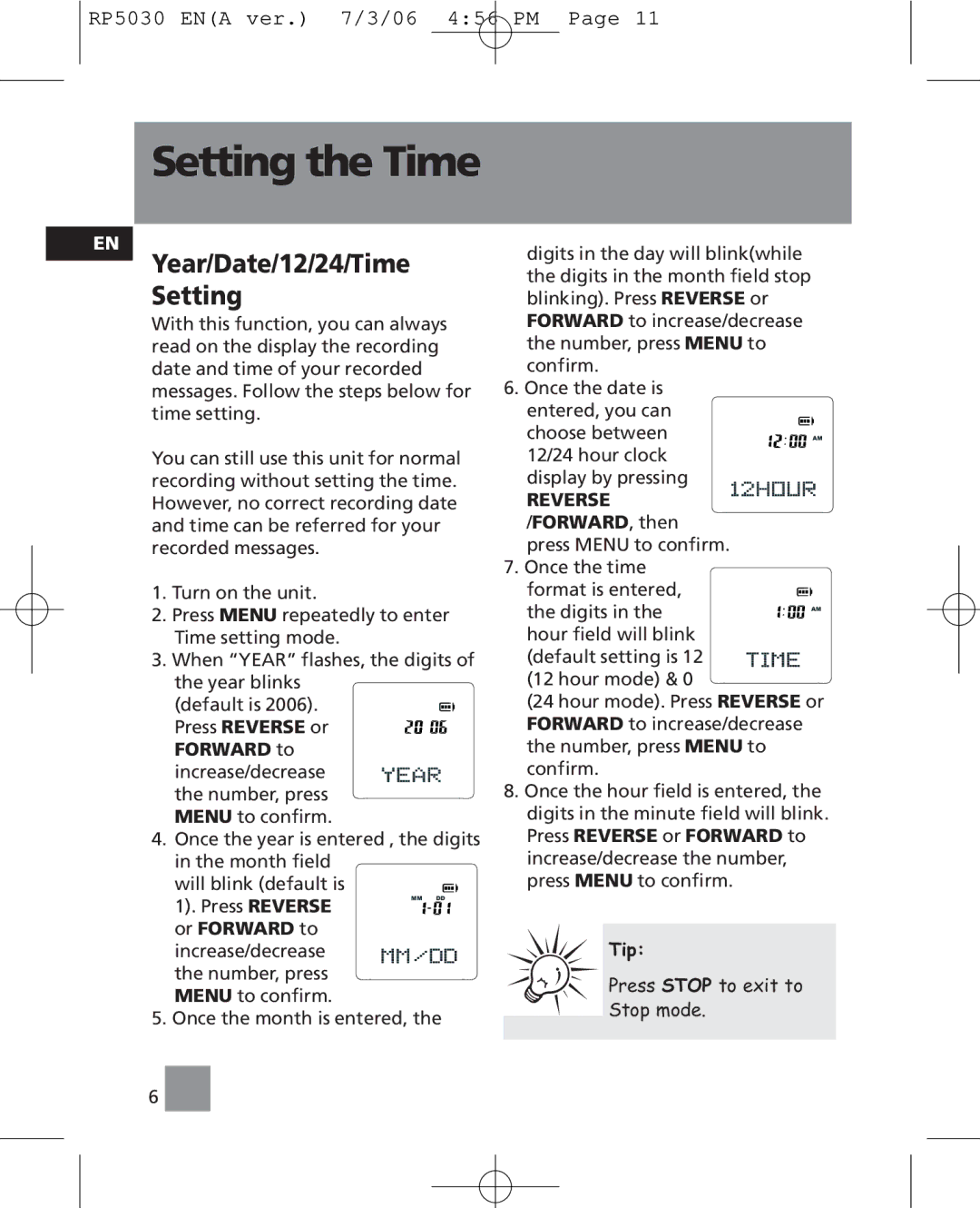 RCA RP5035, RP5030 user manual Setting the Time, Year/Date/12/24/Time Setting, Reverse 