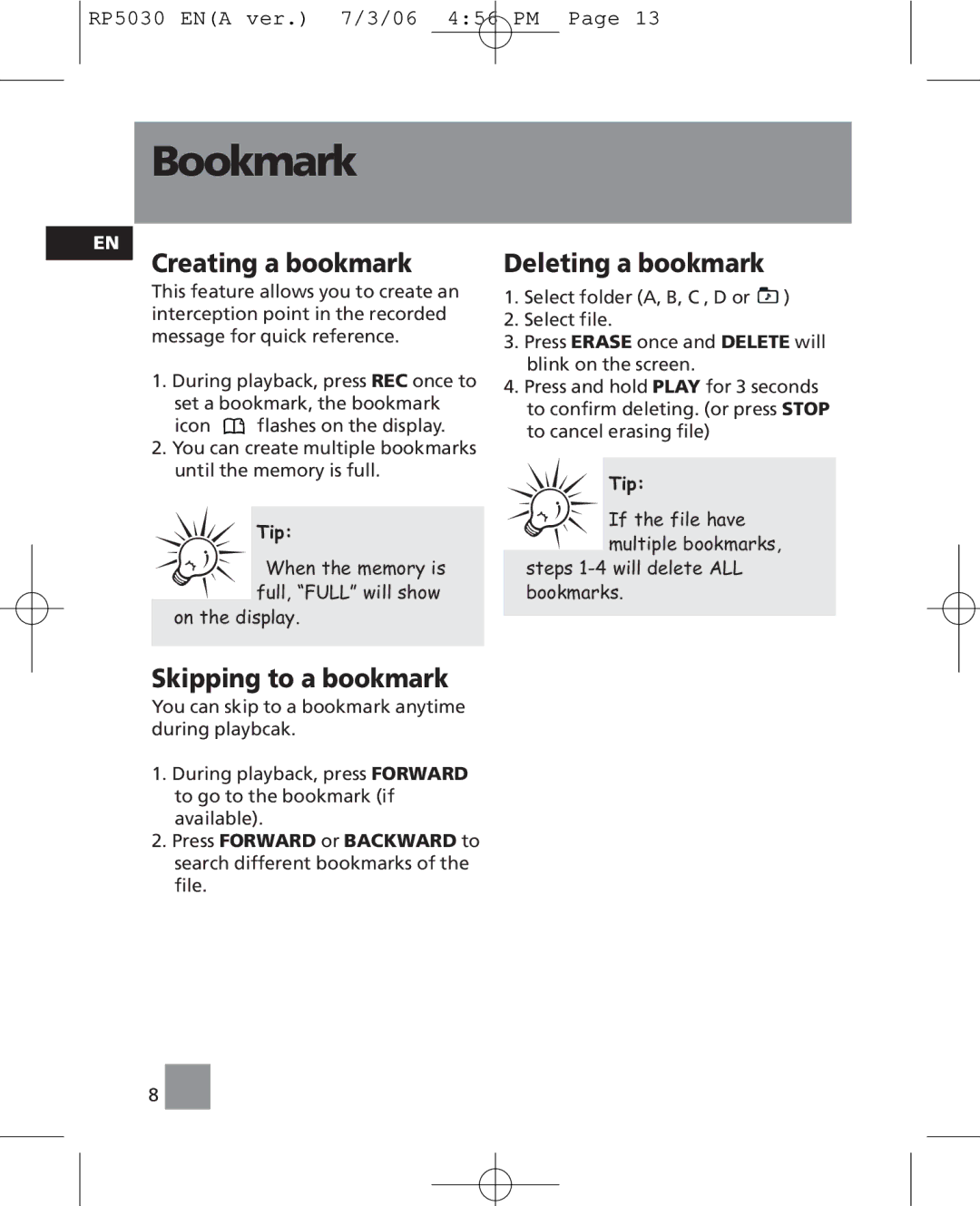 RCA RP5035, RP5030 user manual Bookmark, Creating a bookmark, Skipping to a bookmark, Deleting a bookmark 