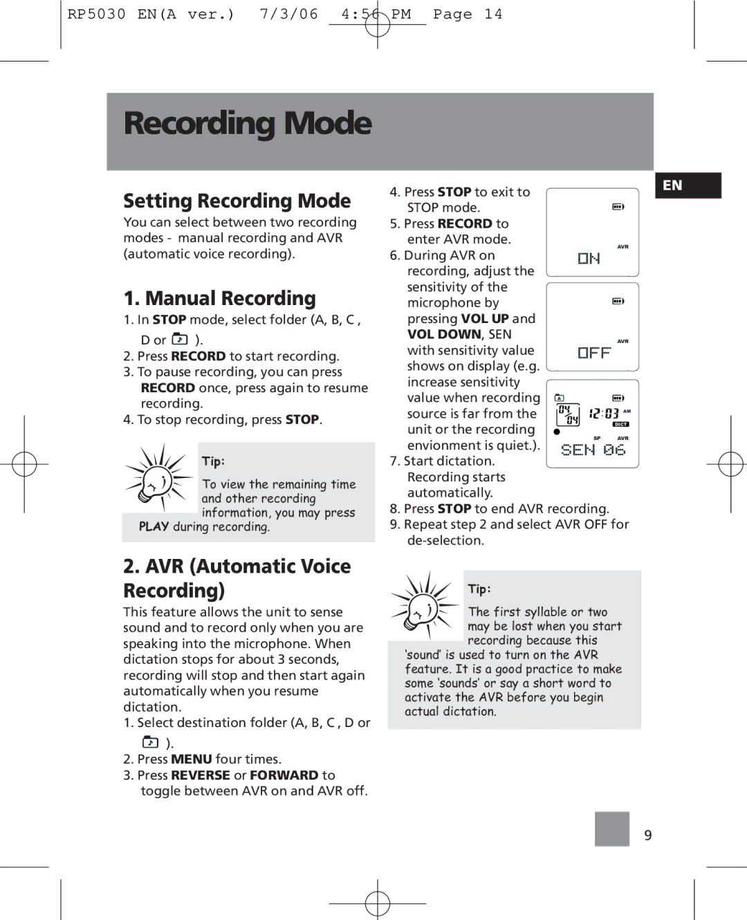 RCA RP5030, RP5035 user manual Setting Recording Mode, Manual Recording, AVR Automatic Voice Recording, Vol Down, Sen 