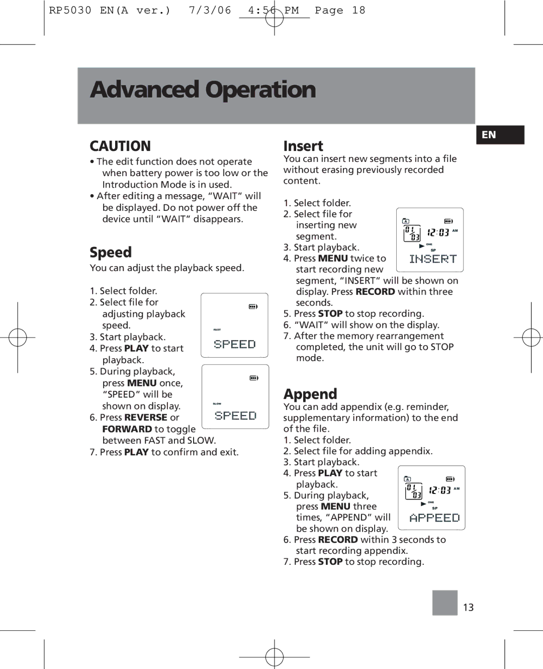 RCA RP5030, RP5035 user manual Advanced Operation, Speed, Append, Inserting new Segment Start playback 