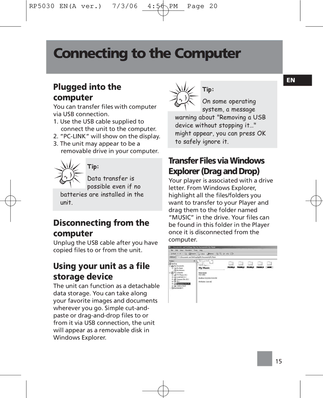 RCA RP5030, RP5035 user manual Connecting to the Computer, Plugged into the computer, Disconnecting from the computer 