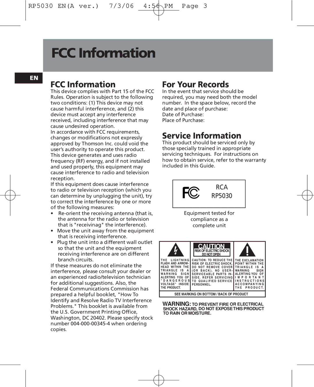 RCA RP5035, RP5030 user manual FCC Information, For Your Records, Service Information 