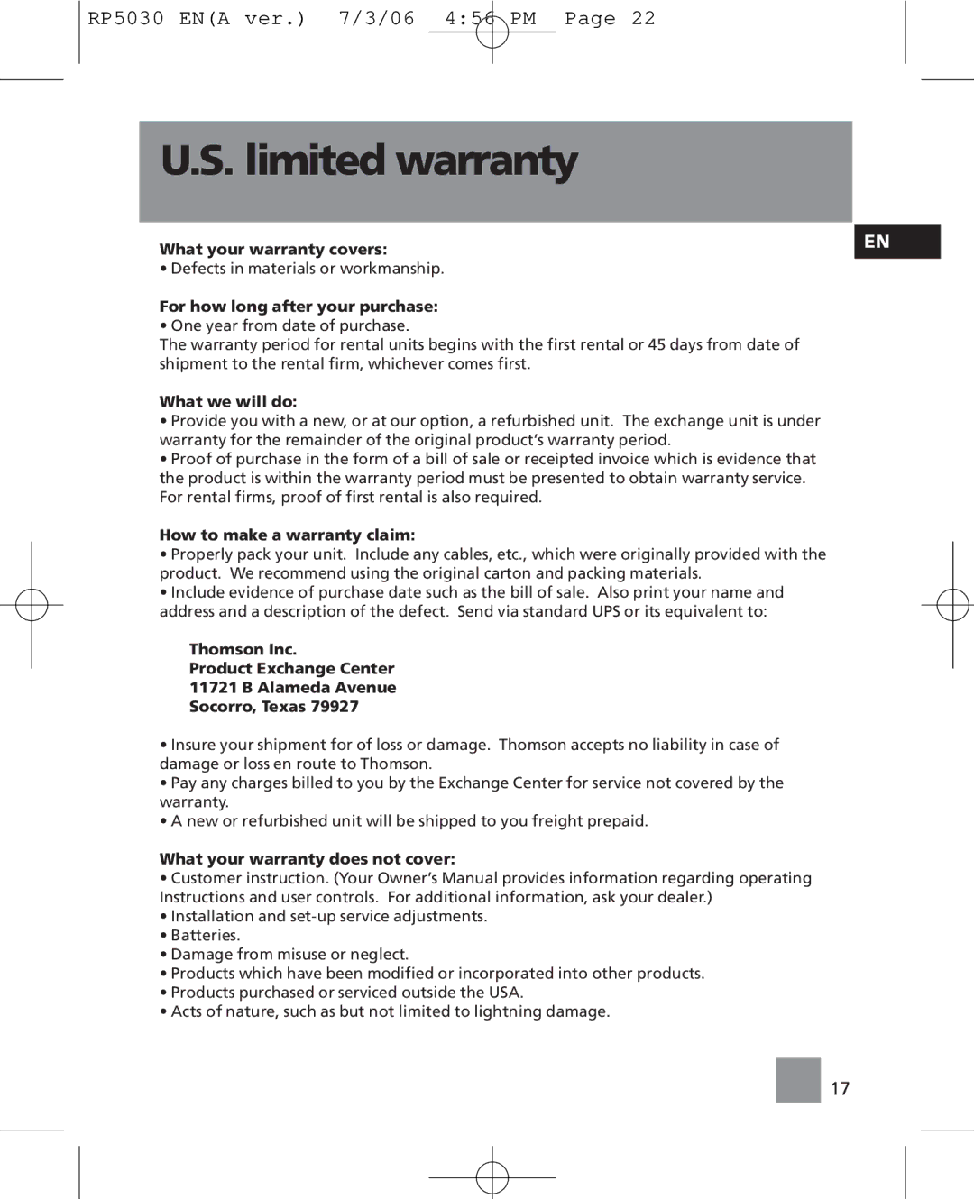 RCA RP5030, RP5035 user manual Limited warranty, For how long after your purchase 