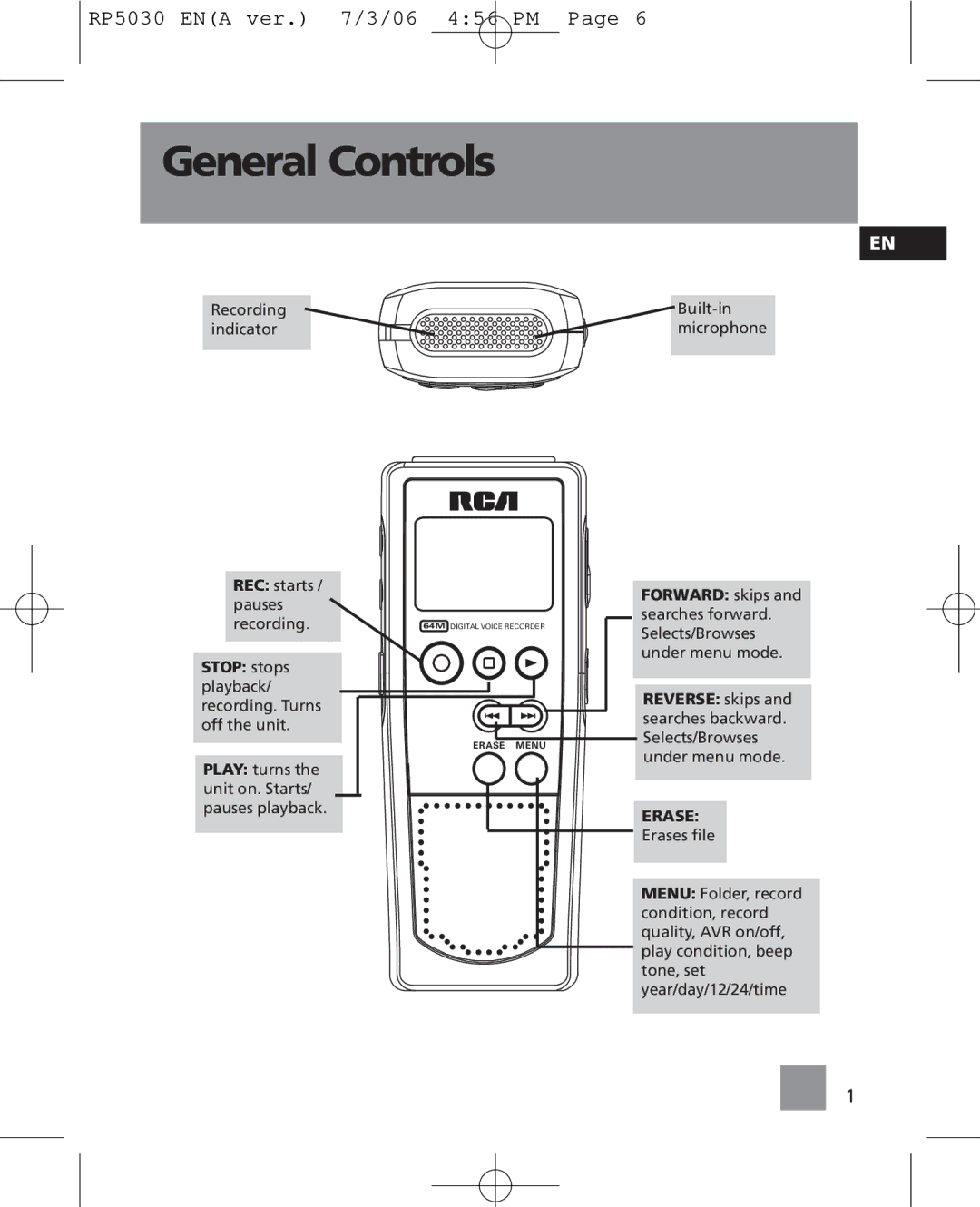 RCA RP5030, RP5035 user manual General Controls, Erase 