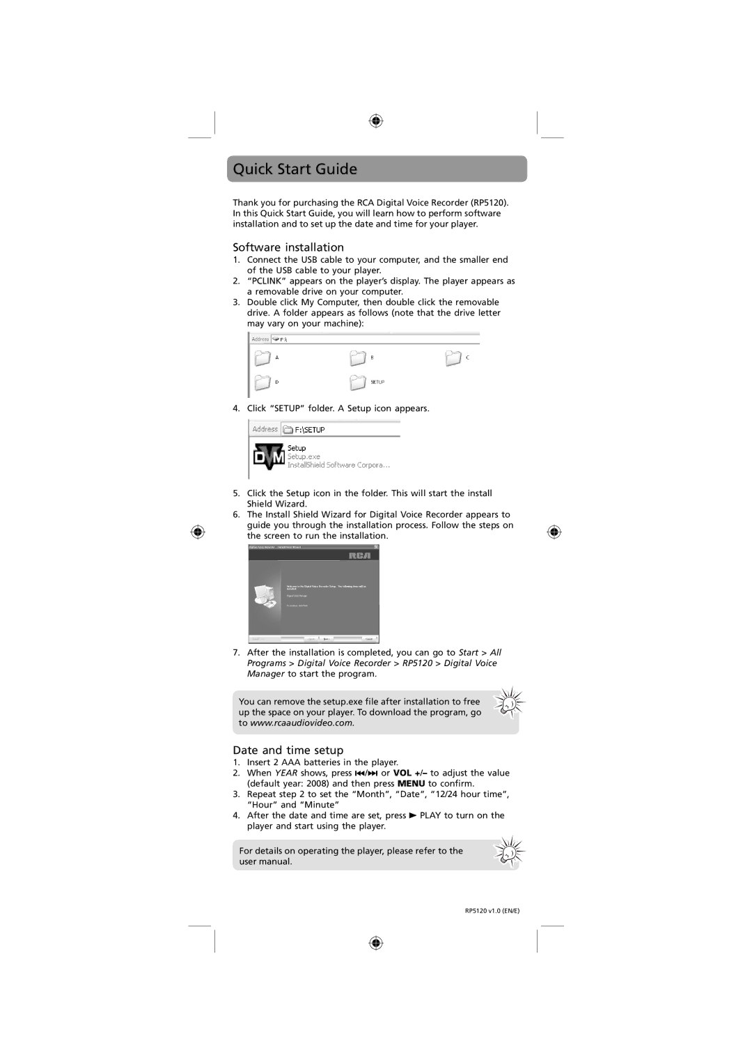 RCA RP5120 quick start Quick Start Guide, Software installation, Date and time setup 