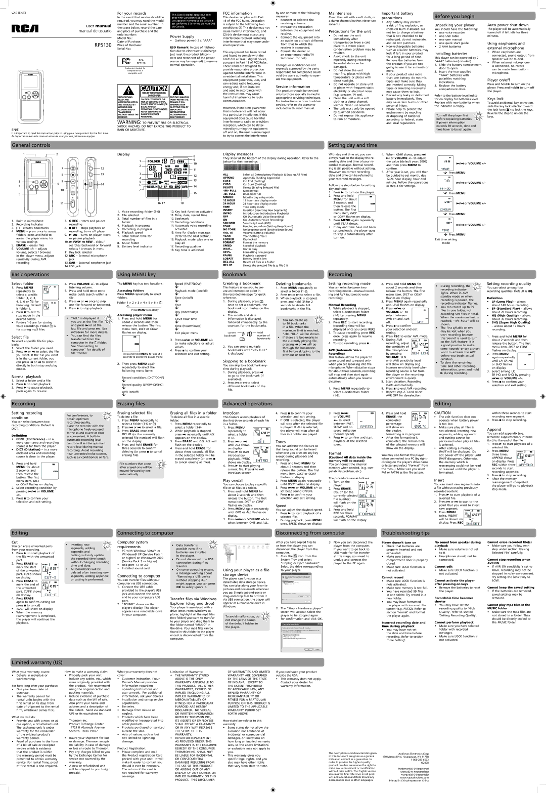 RCA RP5130 user manual Before you begin, General controls, Setting day and time, Limited warranty US 