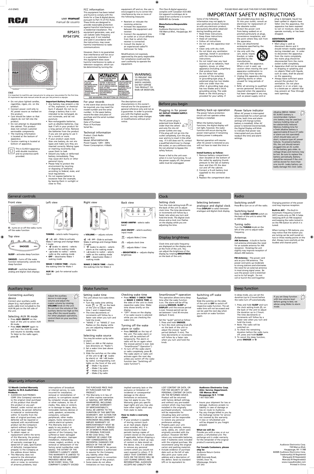 RCA user manual RP5415 RP5415PK, Before you begin, General controls, Clock, Radio, Display brightness, Auxiliary input 