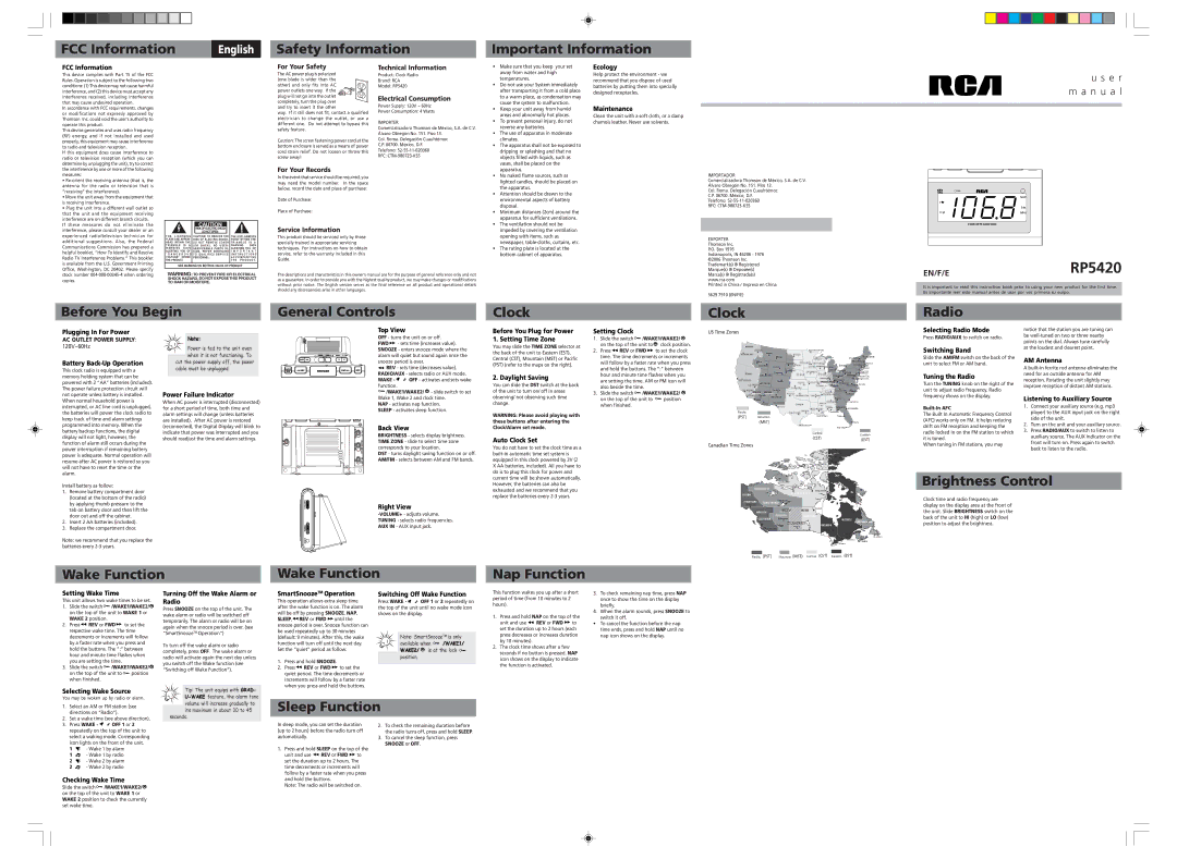 RCA RP5420 user manual FCC Information, Safety Information Important Information, Brightness Control, Sleep Function 