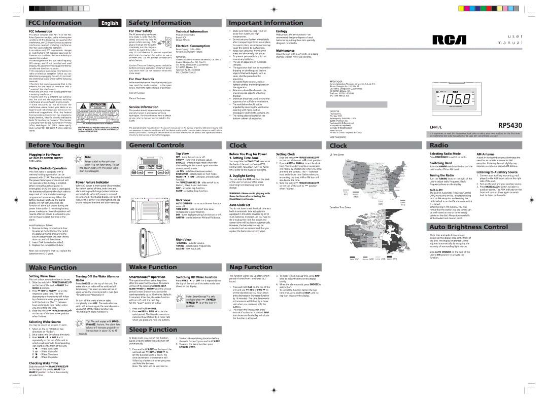 RCA RP5430 user manual FCC Information, Safety Information Important Information, Auto Brightness Control, Sleep Function 