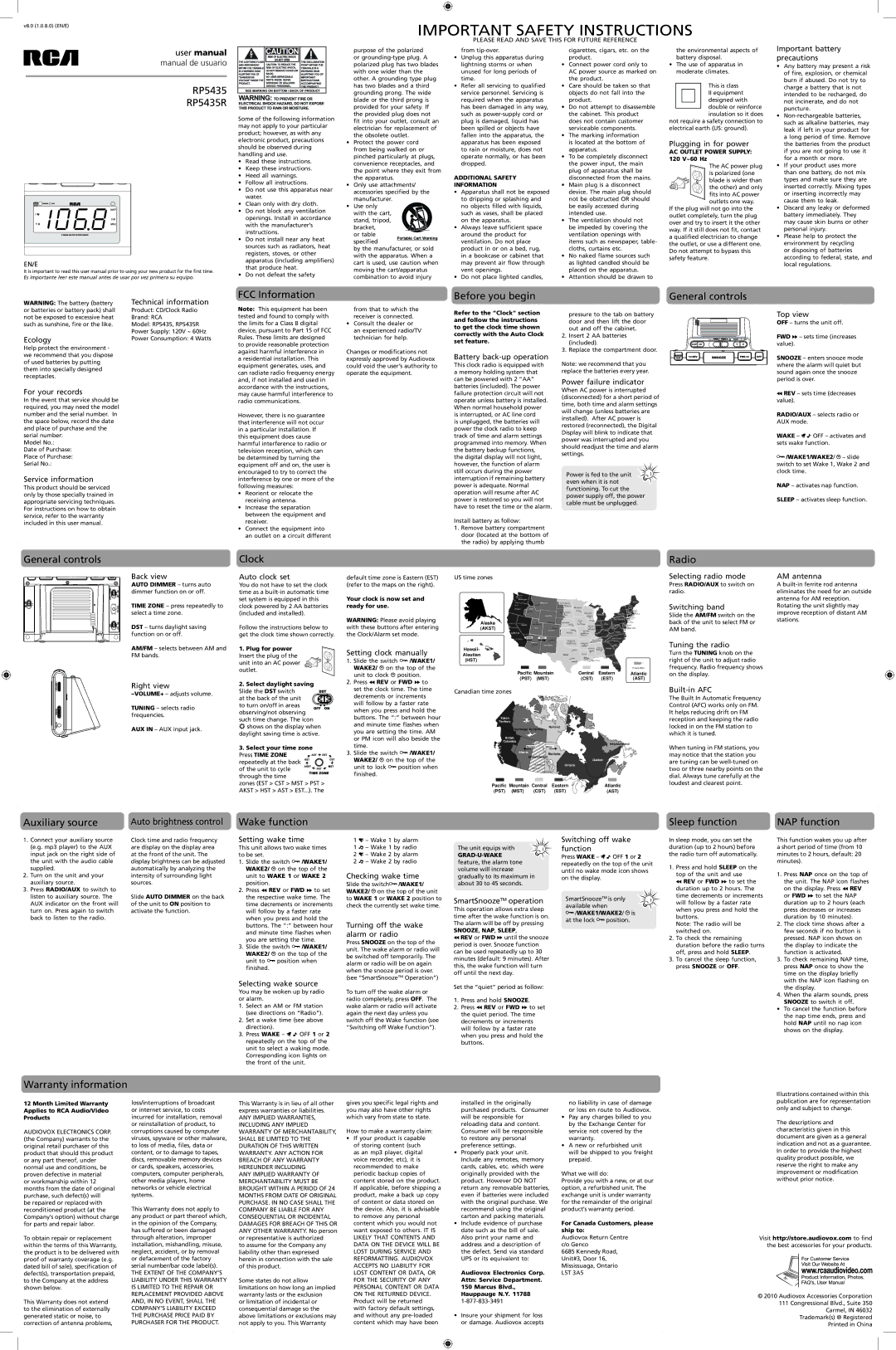 RCA user manual RP5435 RP5435R, FCC Information Before you begin General controls, Clock, Radio, Auxiliary source 