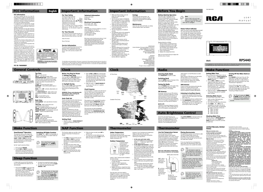 RCA RP5440 user manual FCC Information, Ecology, Maintenance, Battery Back-Up Operation, Power Failure Indicator, Top View 