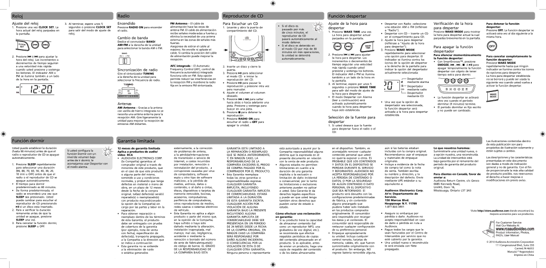 RCA RP5605 user manual Reloj, Reproductor de CD, Función despertar, Función dormir, Garantía limitada 