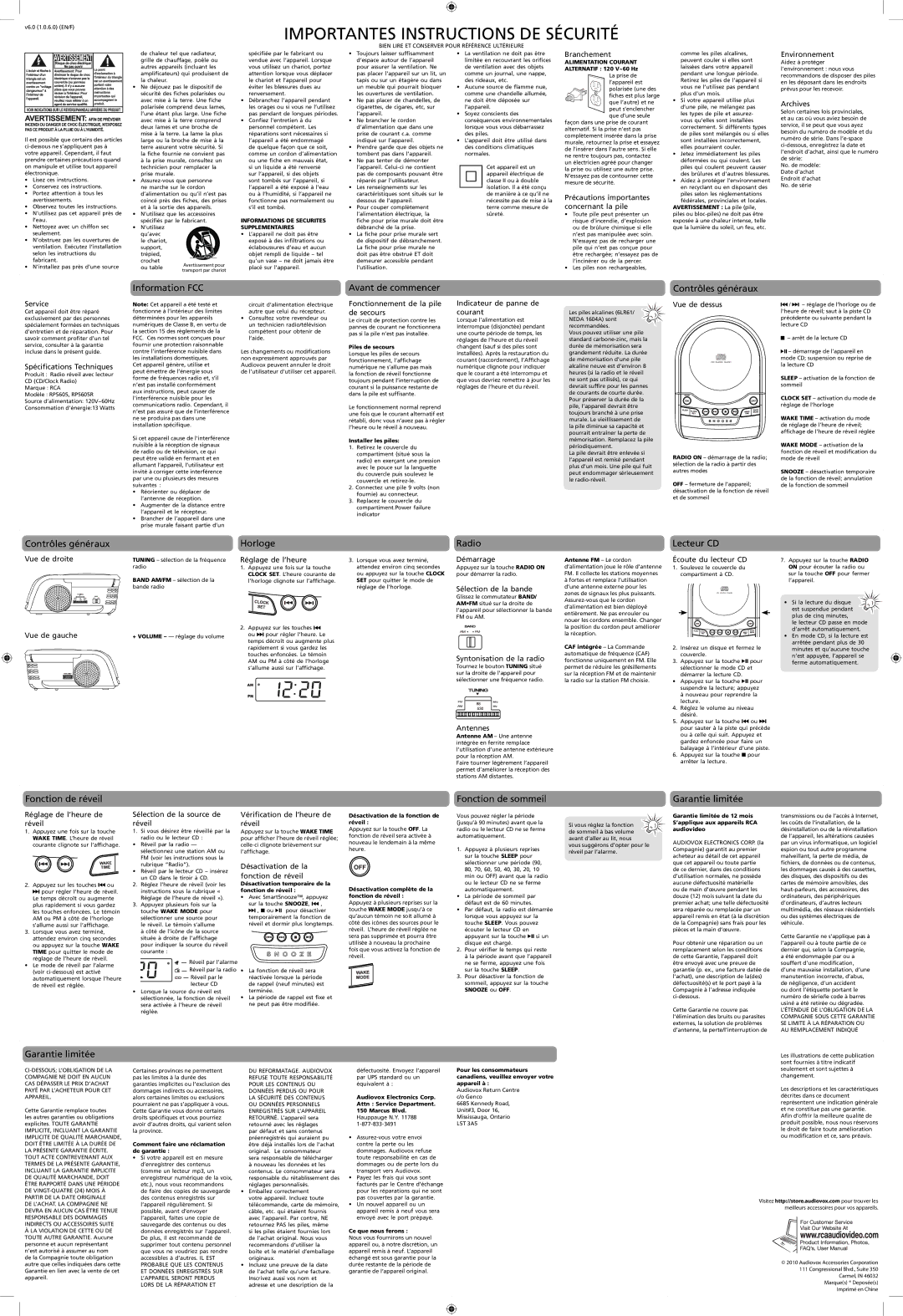 RCA RP5605 user manual Information FCC, Avant de commencer, Contrôles généraux, Horloge, Lecteur CD, Fonction de réveil 