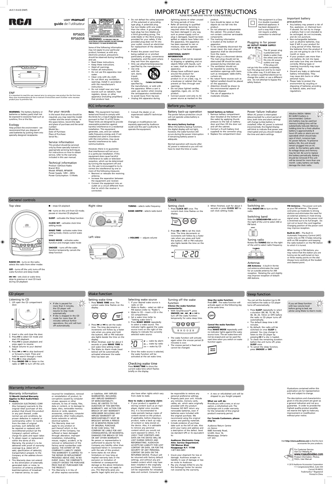 RCA user manual RP5605 RP5605R, FCC Information Before you begin, General controls, Clock, Radio, Warranty information 