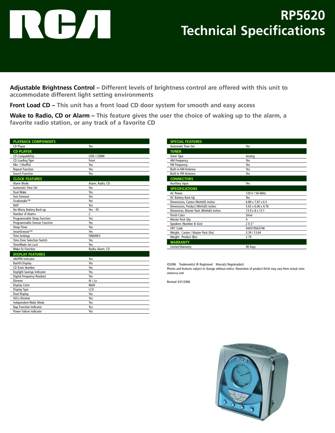 RCA manual RP5620 Technical Specifications 