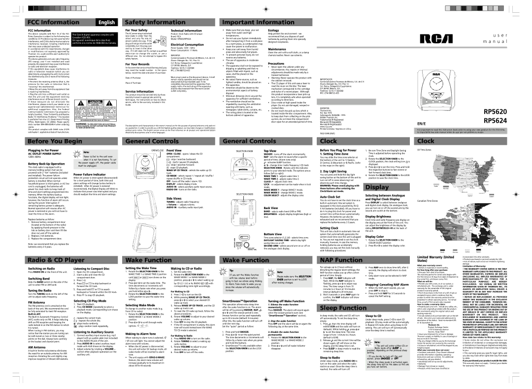 RCA RP5624 user manual FCC Information, Ecology, Maintenance, Precautions, Plugging In For Power, Power Failure Indicator 