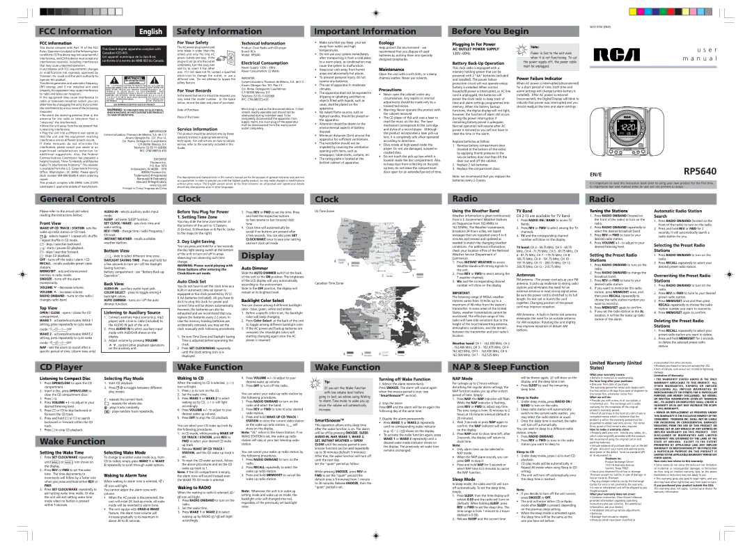 RCA RP5640 user manual Precautions, Battery Back-Up Operation, Front View, Bottom View, Back View, Day Light Saving 